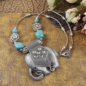 Silver Turquoise Tibetan Metal Elephant Necklace